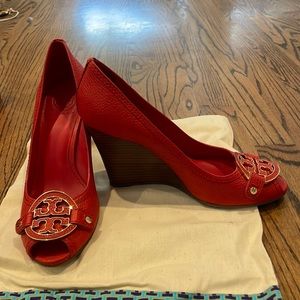 Tory Burch peep toe wedges